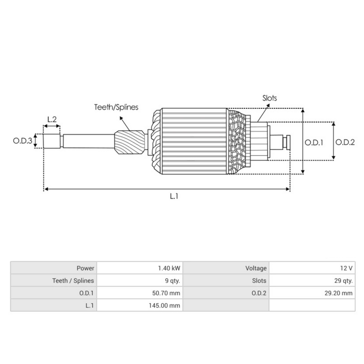 SA2009 Starter Armature AS-PL HITACHI ISUZU 12V dimensions